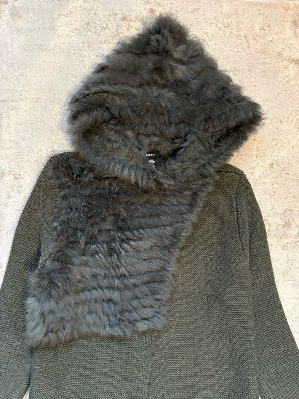 RUDSAK Olive Green Knit Longline Cardigan Real Fur Hood Duster Size Medium - Picture 5 of 16